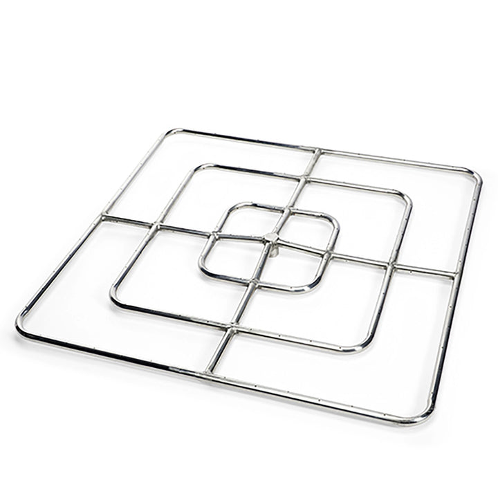 Square stainless steel fire ring by HPC Fire, 48 inches in size. This heavy-duty 48-inch square fire ring is constructed from high-quality 304 stainless steel, designed for large custom fire pits. Its precision-drilled burner ports provide a high and even flame, making it ideal for commercial or residential use. Includes a central hub for improved gas flow, ensuring a consistent and balanced flame pattern. The large size makes it perfect for expansive outdoor fire features and custom-built fire pits. 