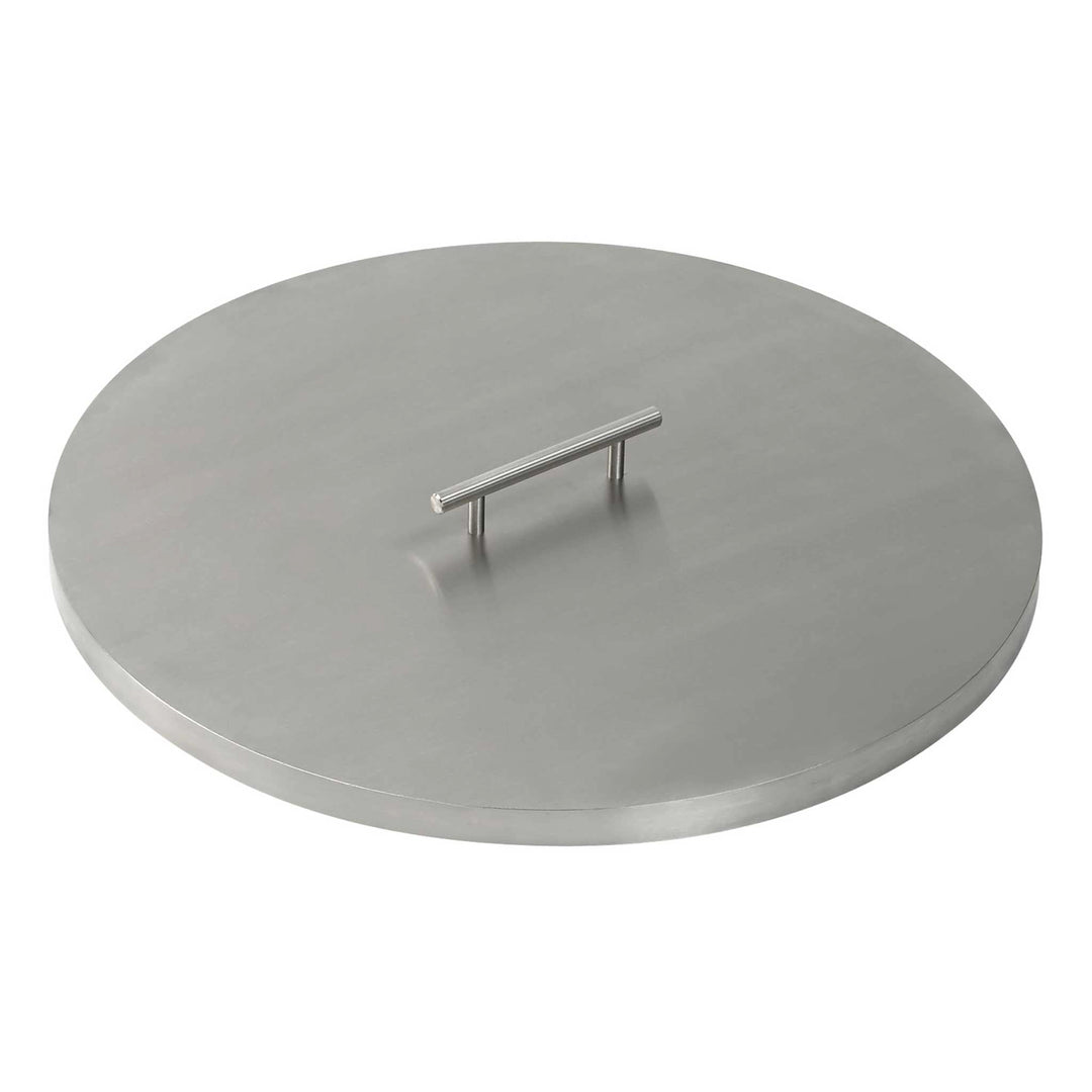 Stainless steel cover for a 25-inch round drop-in fire pit pan by American Fireglass shown in a detailed angled view. This image highlights the flat, smooth surface and the sturdy handle attached to the center, making it easy to lift and place on top of the fire pit pan. The cover's durable stainless steel construction ensures long-lasting performance, providing reliable protection against rain, dust, and outdoor debris. Ideal for homeowners looking to preserve their fire pit's quality and appearance.