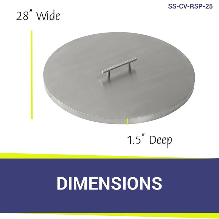 Stainless steel cover for a 25-inch round drop-in fire pit pan by American Fireglass. This image showcases the precise dimensions of the cover, which measures 28 inches in width and 1.5 inches in depth. It features a flat design with a built-in handle for easy lifting, making it ideal for protecting fire pit burners from outdoor elements like dust, rain, and debris. Use this cover for ensuring the longevity of your fire pit pan and maintaining its clean, polished look.