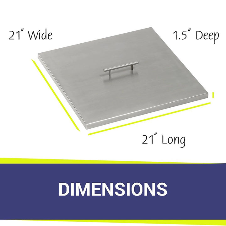 18-inch square stainless steel cover for drop-in fire pit pans by American Fireglass. Crafted from high-quality stainless steel, this cover is corrosion-resistant and provides superior protection for your burner pan. Its minimalist design with a smooth finish and handle makes it easy to use, preventing debris, rain, and dirt from entering the fire pit. Perfect for both residential and commercial outdoor fire pits.