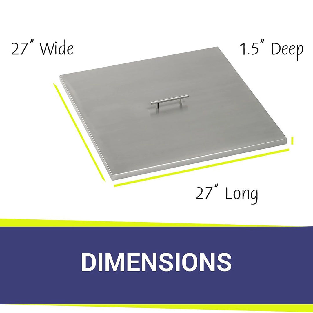 24-inch square stainless steel fire pit cover by American Fireglass, specifically made for square drop-in fire pit pans. This robust cover is built to withstand outdoor conditions, featuring a contemporary look and easy-to-lift handle. It shields your fire pit pan from environmental damage, making it an essential accessory for outdoor fire pit maintenance. Ideal for maintaining the cleanliness and functionality of your fire pit area