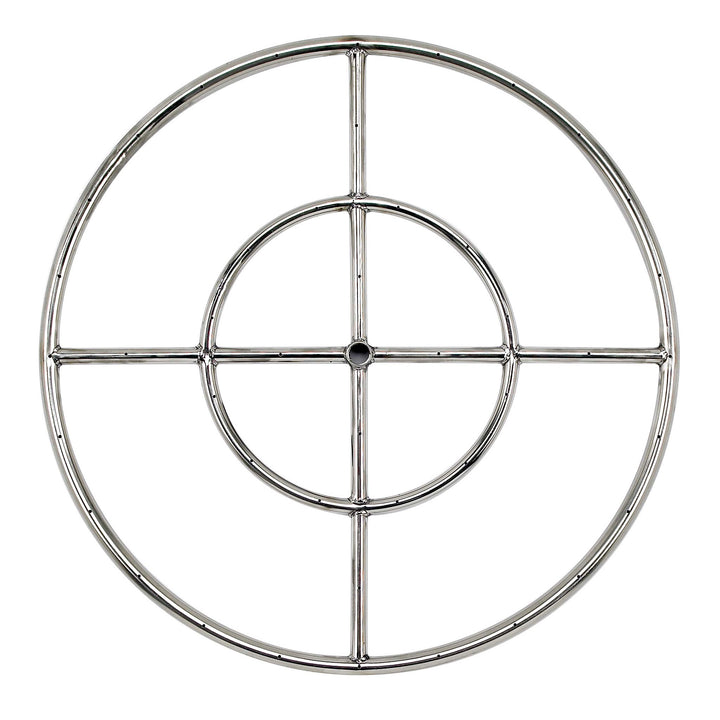 24-inch round stainless steel fire ring burner by American Fireglass, featuring a four-ring design for an expansive flame pattern. Ideal for extra-large fire pits, this 24-inch burner is crafted from high-grade stainless steel to resist harsh outdoor conditions. The precision ports ensure a consistent and impressive flame, making it perfect for commercial or residential fire pit installations. Compatible with natural gas and propane.