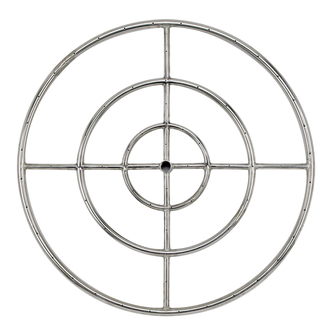 30-inch round stainless steel fire ring burner by American Fireglass, featuring five concentric rings and a strong stainless steel build for high performance. This premium burner is perfect for expansive fire pits and delivers a stunning flame effect. Designed with precision-drilled ports to ensure even gas distribution and high flame quality. Suitable for propane and natural gas use, offering durability and long-lasting performance.