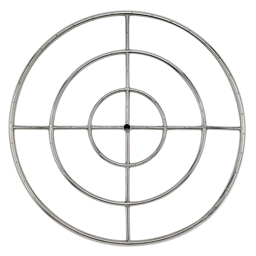 American Fireglass 36-inch round stainless steel fire ring burner with six concentric rings, offering a superior flame presentation for large outdoor fire pits. Made from durable stainless steel, this burner is designed to resist rust and corrosion, ensuring long-lasting beauty and function. Its precision-drilled ports ensure a full, natural-looking flame for any natural gas or propane setup.