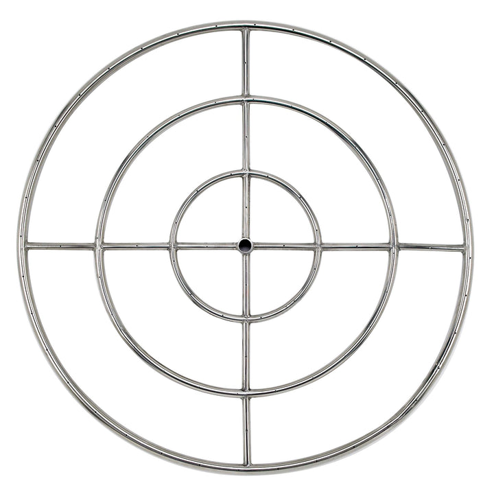 American Fireglass 36-inch round stainless steel fire ring burner with six concentric rings, offering a superior flame presentation for large outdoor fire pits. Made from durable stainless steel, this burner is designed to resist rust and corrosion, ensuring long-lasting beauty and function. Its precision-drilled ports ensure a full, natural-looking flame for any natural gas or propane setup.