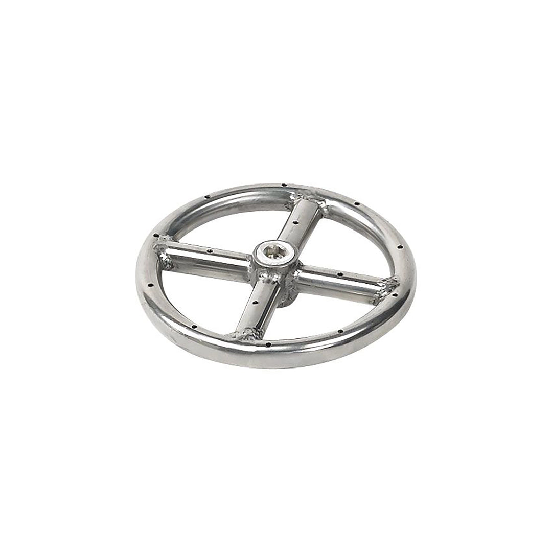 6-inch stainless steel fire ring burner by American Fireglass shown in an angled view, featuring a compact circular design with crossbars for enhanced structural integrity. Ideal for creating a beautiful, consistent flame display in smaller fire pits, tabletop fire features, or as part of multi-burner systems in custom fire pit setups. Made with corrosion-resistant stainless steel to withstand high temperatures and outdoor conditions, ensuring longevity and durability.