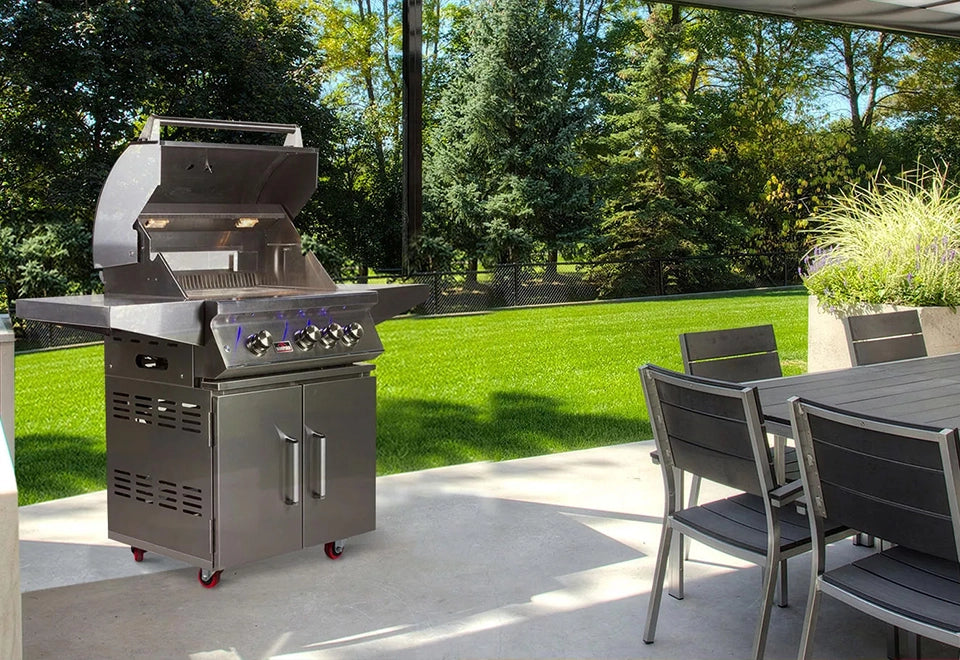 Stainless steel gas grill with blue LED controls on a modern outdoor patio, perfect for backyard barbecues and alfresco dining.