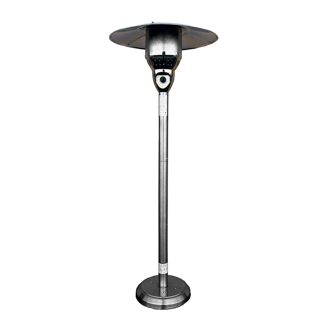 A front view of a stainless steel natural gas patio heater displaying its sleek and tall design. The heater has a sturdy base and a reflective heat shield at the top to distribute warmth evenly. Its robust construction makes it perfect for outdoor dining areas, patios, and backyards.