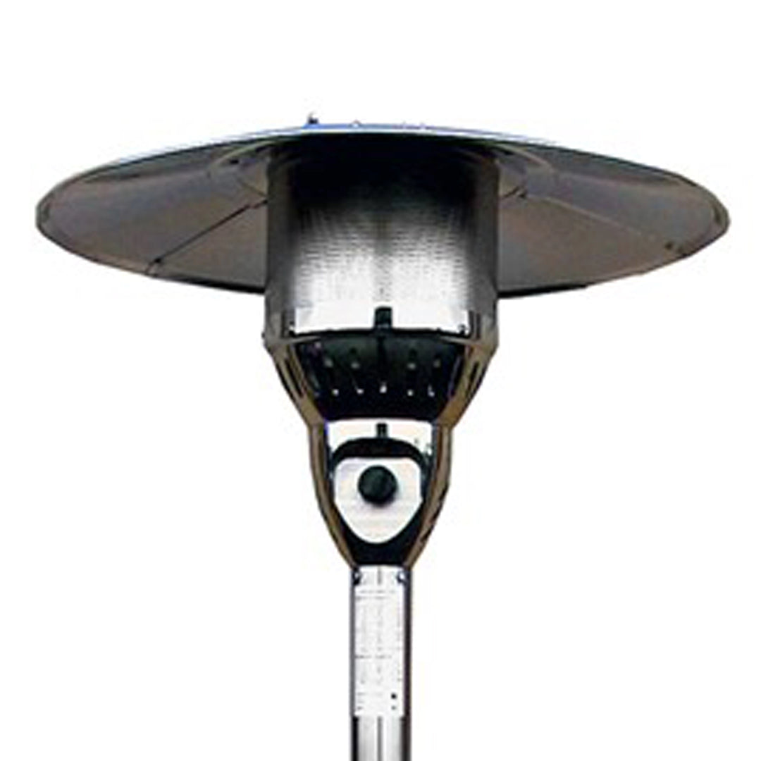 Close-up image of the head of a stainless steel natural gas patio heater showcasing its heat shield and burner mechanism. The reflective heat shield optimizes heat output while adding to the sleek appearance. Ideal for keeping outdoor spaces warm during cooler seasons. 