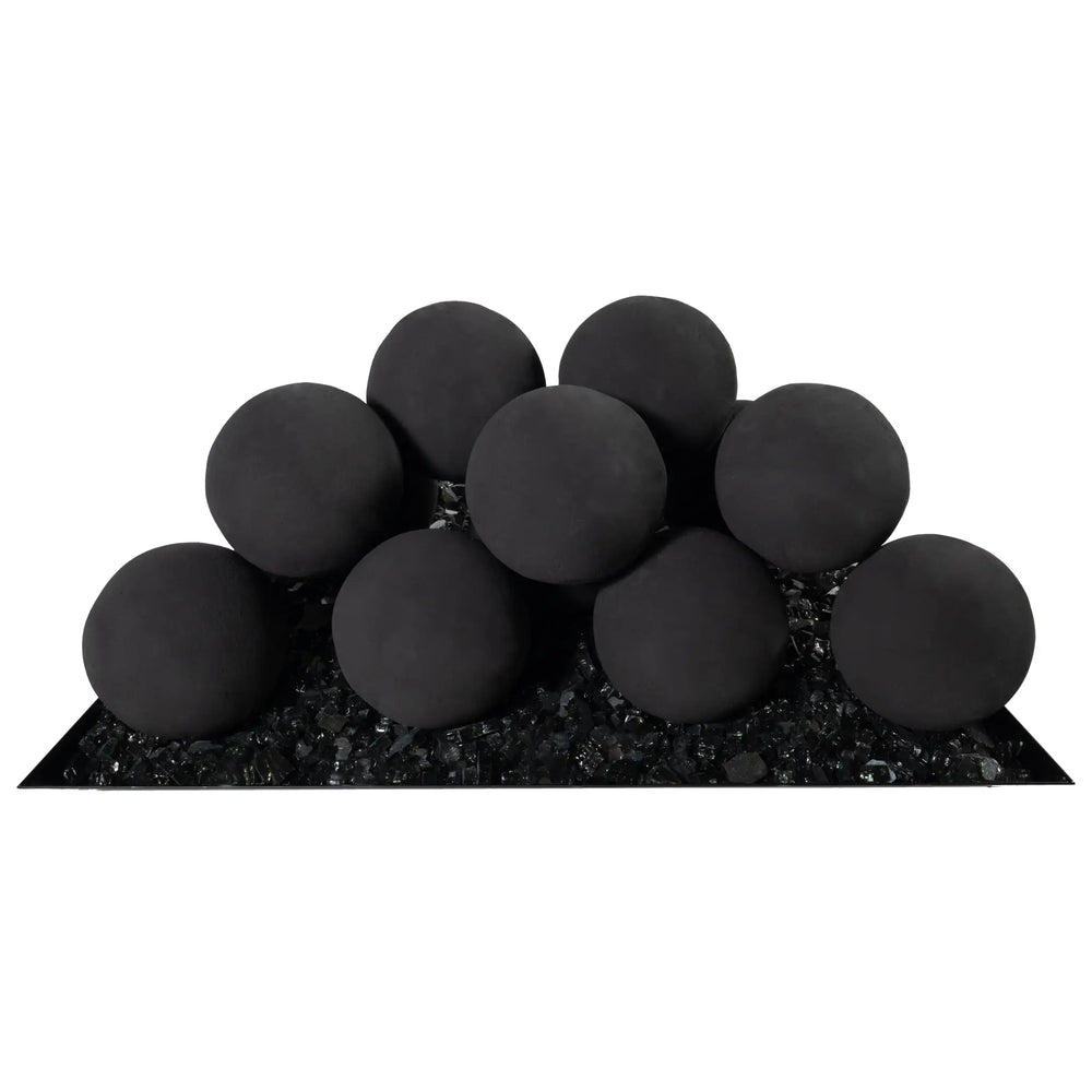 Side view of the black 4-inch ceramic fire balls from Starfire Designs, set of 12. Displayed in a silo arrangement on top of fire glass, these fire balls offer a sleek, modern aesthetic that enhances the look of outdoor fire pits. Perfect for stylish outdoor living spaces with a contemporary flair