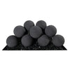 Starfire Designs 4-inch ceramic fire balls set of 12 in dark gray arranged on black fire glass, photographed from a front silo view, showing the clean and modern spherical design perfect for both gas and propane fire pits