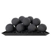 Starfire Designs 4-inch ceramic fire balls set of 12 in dark gray, stacked neatly on a black fire glass base, shown in a rear silo view. These fire balls offer a sophisticated and contemporary design, ideal for enhancing fire pits