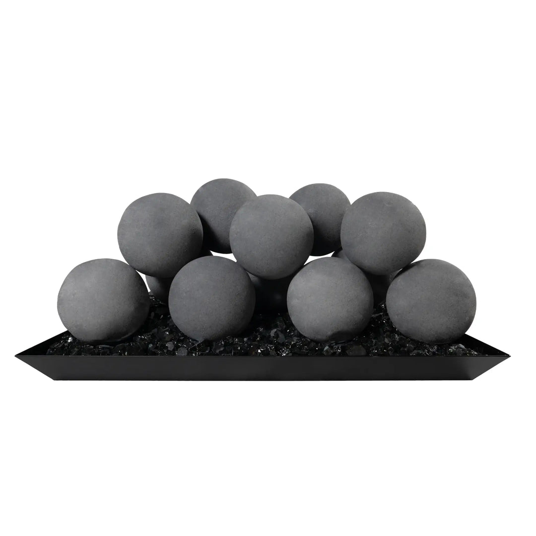 Starfire Designs 4-inch light gray ceramic fire balls, set of 12, arranged on black fire glass media in a product display. These fire balls are durable, heat-resistant, and provide a modern aesthetic that enhances the overall appearance of fire pits and fireplaces. Ideal for those seeking a sleek and sophisticated look for their fire feature