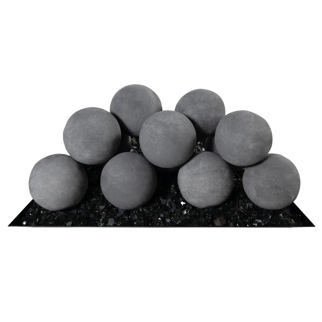 Set of 12 Starfire Designs light gray ceramic fire balls, stacked in a pyramid formation on top of black fire glass media. These 4-inch ceramic balls are designed to withstand extreme heat while adding a clean, modern style to both gas and propane fire pits. A perfect complement to contemporary outdoor living spaces