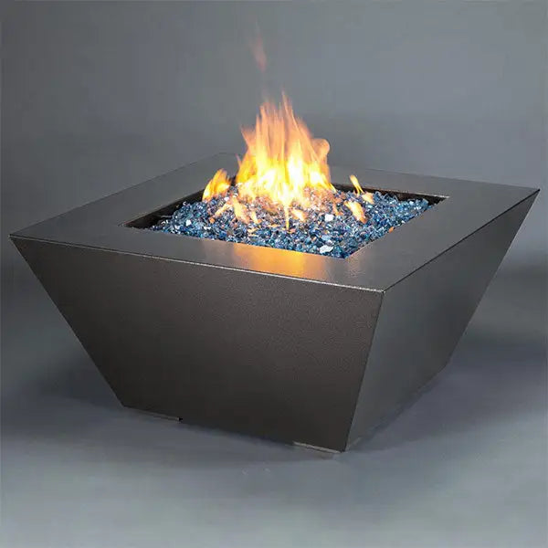 Starfire Designs Mill 48-inch square steel gas fire pit in Silver Hammertone finish, featuring a modern design with a vibrant flame and blue fire glass, perfect for outdoor use