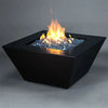 Starfire Designs Mill 48-inch square steel gas fire pit in Black Hammertone finish, featuring a dynamic flame and reflective blue fire glass, perfect for modern outdoor spaces