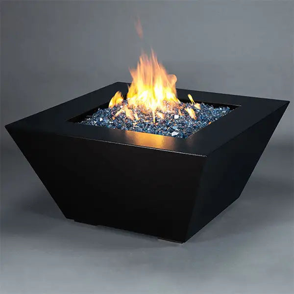 Starfire Designs Mill 48-inch square steel gas fire pit in Black Hammertone finish, featuring a dynamic flame and reflective blue fire glass, perfect for modern outdoor spaces