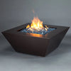 Side view of the Starfire Designs Mill 48-inch square steel gas fire pit in Copper Vein finish, with a strong flame and sleek design, perfect for luxurious patio settings