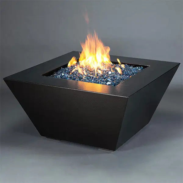 Starfire Designs Mill 48-inch square steel gas fire pit in Silver Vein finish, featuring a dynamic flame and blue fire glass, ideal for modern outdoor fire pit settings