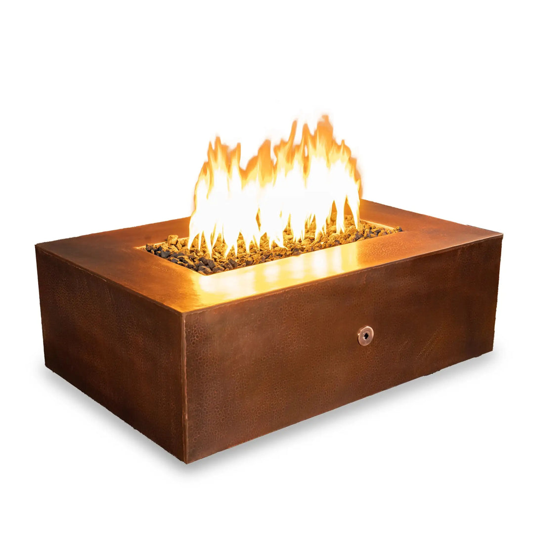 48-inch x 32-inch rectangle copper fire pit by Starfire Designs, perfect for large backyard spaces, featuring a hammered copper finish and high flames, ideal for modern outdoor fire pit setups