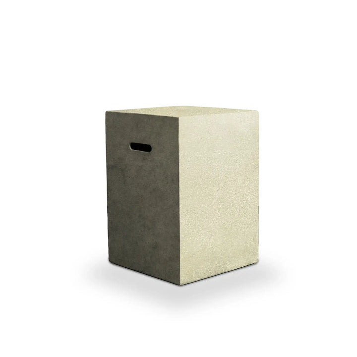 Front view of the Starfire Designs Beton 16-inch square propane tank cover in sand finish, designed to blend seamlessly with modern outdoor decor, providing a stylish and functional solution for hiding propane tanks