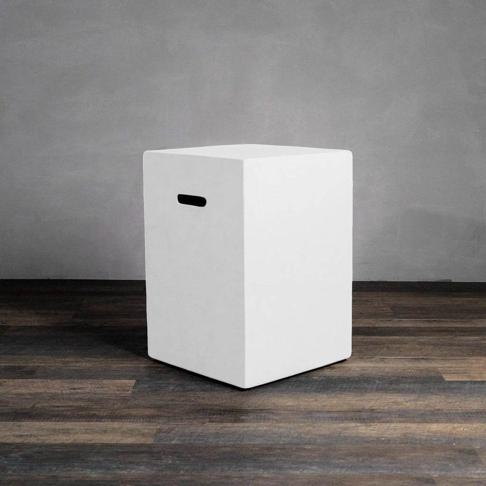 Front view of the Starfire Designs Beton 16-inch White Square Propane Tank Cover, highlighting its sleek, minimalistic design with a clean white finish. The cover features a cutout handle for easy access and is designed to protect and conceal propane tanks in stylish outdoor environments