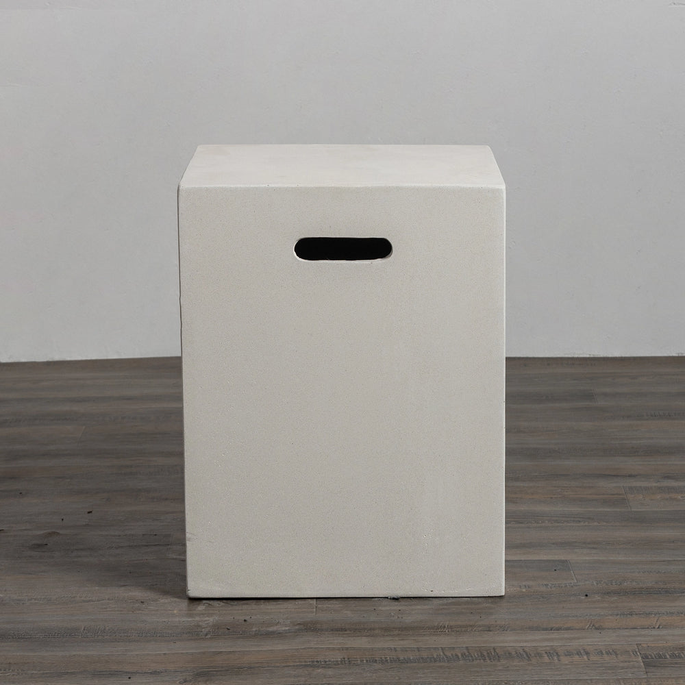 Front view of the Starfire Designs Beton 16-inch white square propane tank cover showcasing its modern design with a smooth white concrete finish, integrated side handles for portability, and clean geometric style. Ideal for concealing propane tanks in outdoor spaces while complementing fire pits and other outdoor décor. 