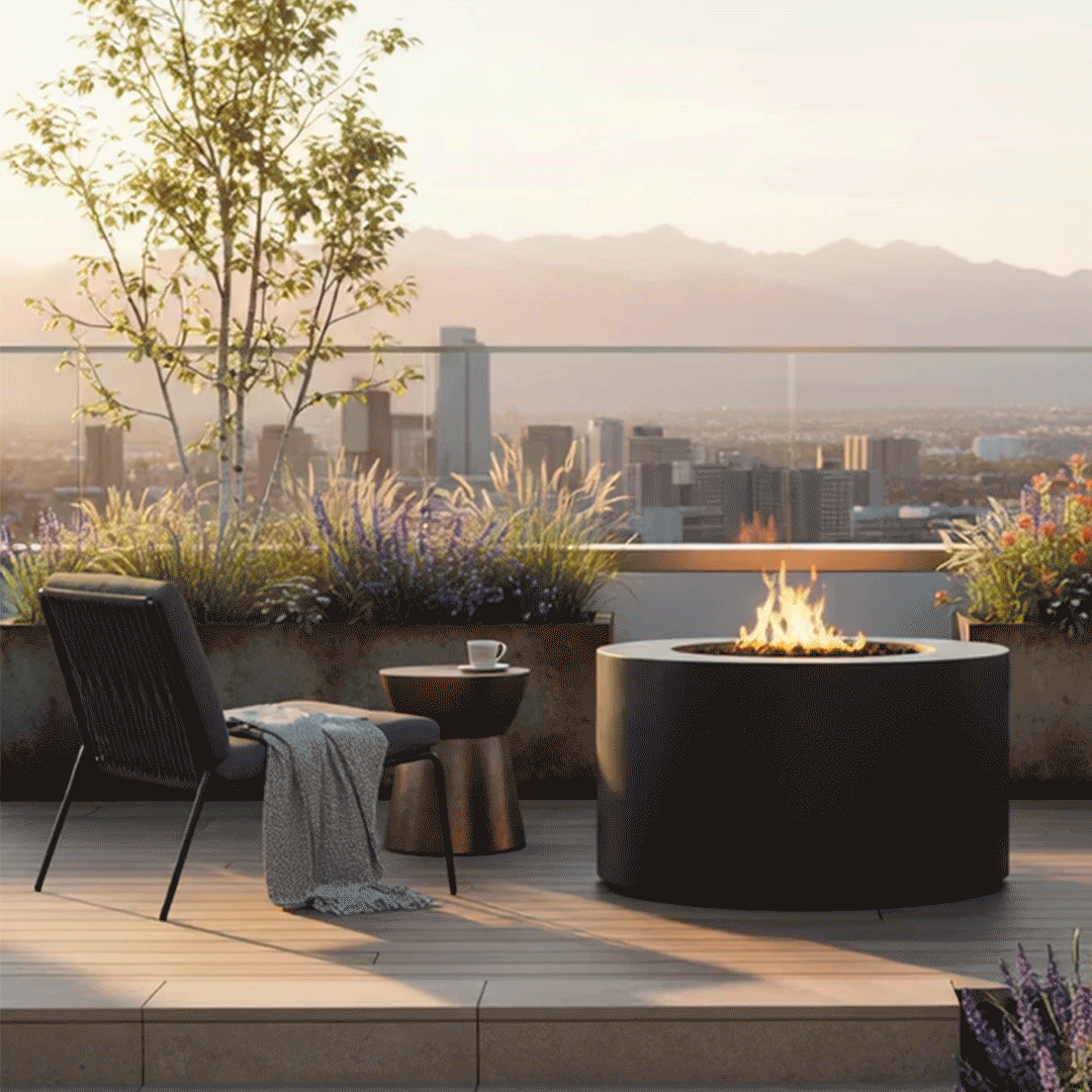 On a rooftop terrace at sunrise, a dark gray round fire pit with smooth sides burns with a steady flame above lava rocks, the low concrete fire pit set on wide plank decking beside a black lounge chair draped with a light blanket and a small table holding a mug, surrounded by planters of grasses and flowers, with the glass railing framing a distant city skyline and hazy mountains, creating a compact outdoor fire pit that matches the minimalist modern fire pit style.