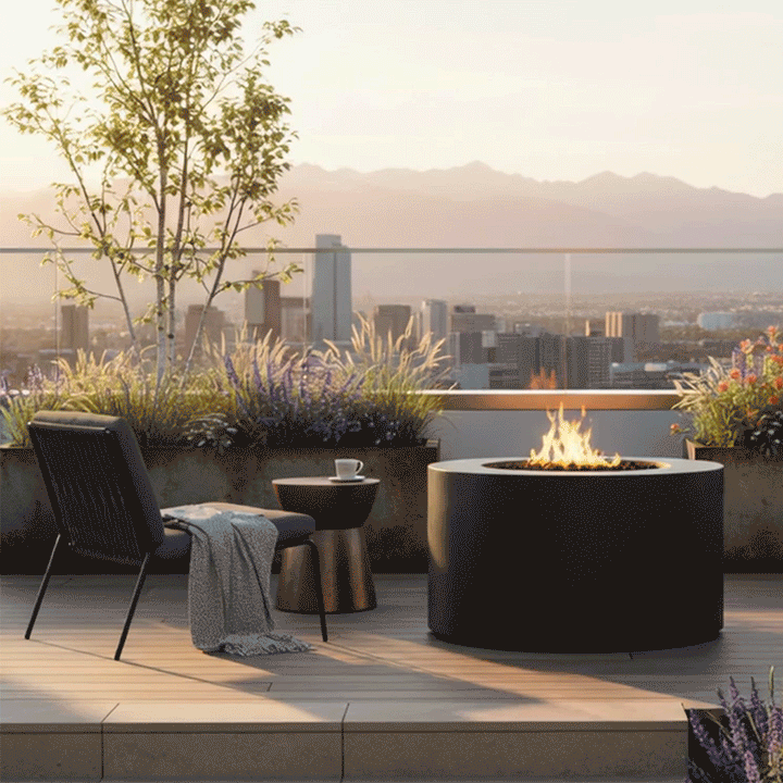 On a rooftop terrace at sunrise, a dark gray round fire pit with smooth sides burns with a steady flame above lava rocks, the low concrete fire pit set on wide plank decking beside a black lounge chair draped with a light blanket and a small table holding a mug, surrounded by planters of grasses and flowers, with the glass railing framing a distant city skyline and hazy mountains, creating a compact outdoor fire pit that matches the minimalist modern fire pit style.