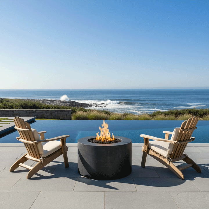 On a pale stone terrace beside an infinity pool that blends into a bright blue ocean, a dark gray round fire pit burns between two light wood Adirondack chairs with cream cushions, the low outdoor fire pit positioned close to the water while grasses border the pool and waves crash on distant rocks, forming a simple patio fire pit arrangement that turns the open deck into a calm backyard oasis under a clear midday sky.