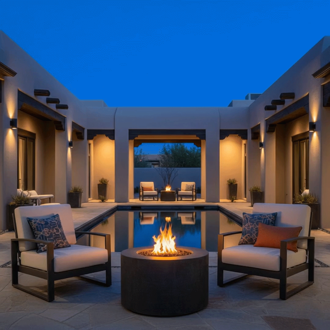 In a rectangular courtyard at night, a dark graphite patio fire pit sits on flagstone near the edge of a long reflecting pool, its cylindrical concrete fire pit body centered between two cushioned armchairs with patterned pillows, while warm wall sconces and a second smaller flame echo the same fire feature at the far end of the space, giving the symmetrical layout the appearance of a family gathering fire pit area framed by stucco walls and sparse desert plants.