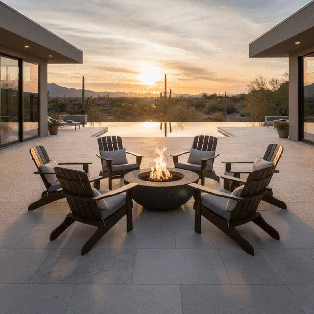 On a wide desert patio at sunset, five cushioned Adirondack chairs form a circle around a glowing round fire pit, its graphite bowl reflecting the warm sky as flames rise from the center, creating a welcoming patio fire pit gathering space; the sleek natural gas fire pit anchors this scene as a cozy backyard fire pit, perfect for relaxing evenings, stargazing over cacti, and sharing stories beside the reflective surface of the infinity pool.