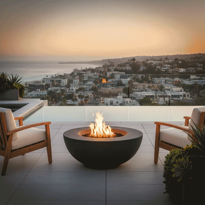 On an elevated terrace overlooking a coastal city and calm ocean at twilight, a sleek graphite round fire pit blazes between two cushioned wood lounge chairs, the flames rising cleanly from a recessed burner within the bowl; this streamlined outdoor fire pit, fueled by a convenient natural gas fire pit system, acts as a modern fire pit centerpiece for the balcony, inviting quiet moments, warm drinks, and panoramic views as city lights start to twinkle below.