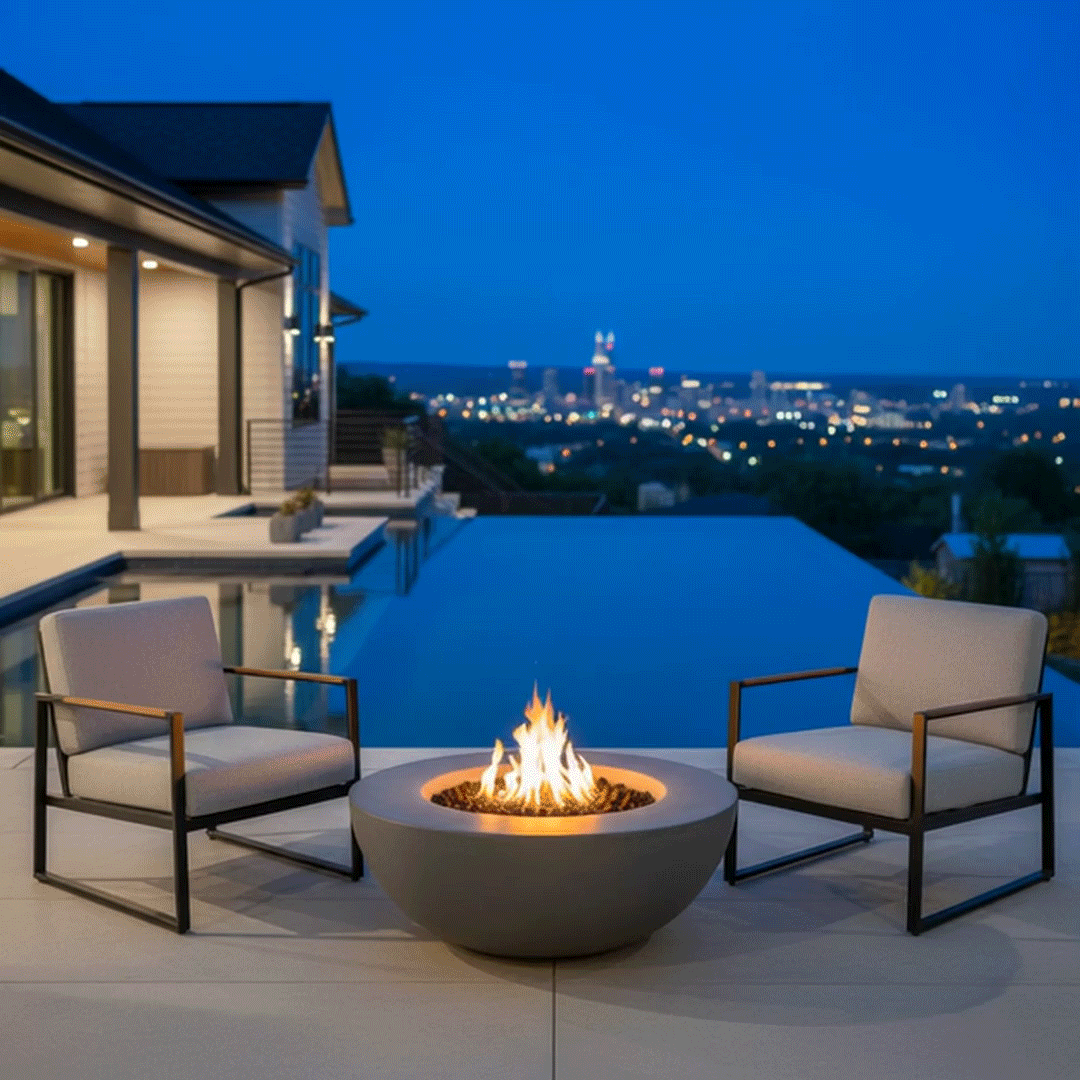On a pale stone terrace beside an infinity pool at night, a low round fire pit with a dark gray body and wide flat rim burns at the center of two metal-framed lounge chairs with light cushions, the shallow basin filled with dark lava rocks as the small outdoor fire pit sits near the water’s edge, the pool mirroring scattered city lights, soft reflections from the flame, and a deep blue sky to form an intimate outdoor entertaining scene above the distant valley.