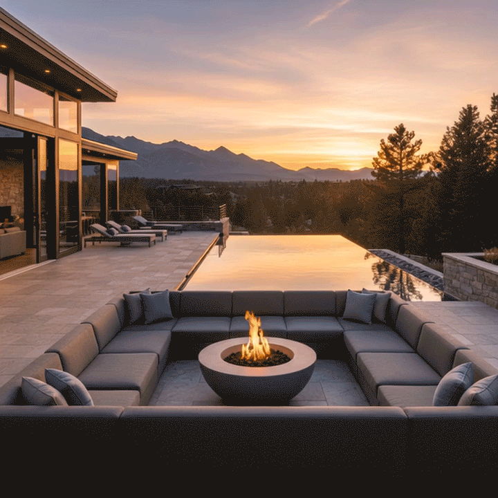 On an expansive terrace overlooking an infinity pool and distant mountains at sunset, a shallow bowl-shaped concrete fire pit with a pale gray surface burns at the center of a deep U-shaped sectional sofa, the cushions in muted tones with several accent pillows, while trees and stone walls border the space, the low piece doubling as a patio fire pit that anchors the sunken seating area and helps define the elevated backyard oasis above the forested valley.