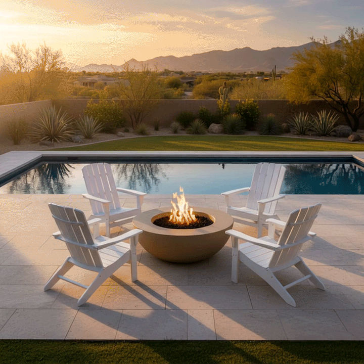 On a stone patio beside a rectangular pool at sunset, a sand-colored backyard fire pit shaped like a smooth circular fire bowl holds a ring of dark lava rocks and a compact yellow flame, while four white Adirondack chairs are spaced evenly around it, desert shrubs and low trees line the far wall, distant mountains fade into haze, and the whole arrangement reads as an open family gathering fire pit area.
