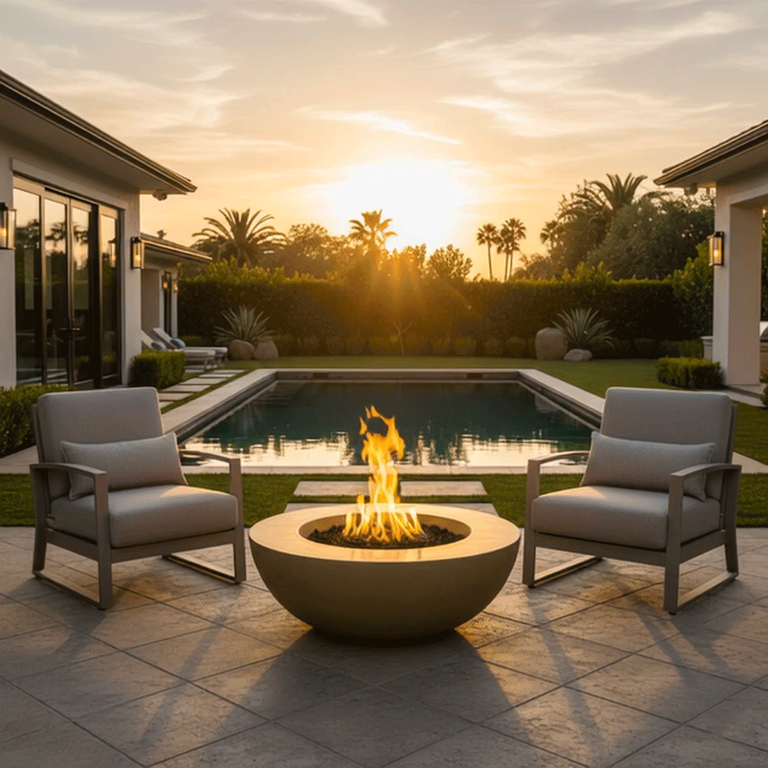 Between two single-story houses, a sand-toned patio fire pit formed as a low round fire pit sits on square tiles near the end of a narrow pool, its wide rim surrounding rough lava rocks and a tall central flame, flanked by two cushioned armchairs, with trimmed hedges, manicured grass, palms, and the sun dropping behind the trees, giving the enclosed yard the look of a compact backyard oasis.