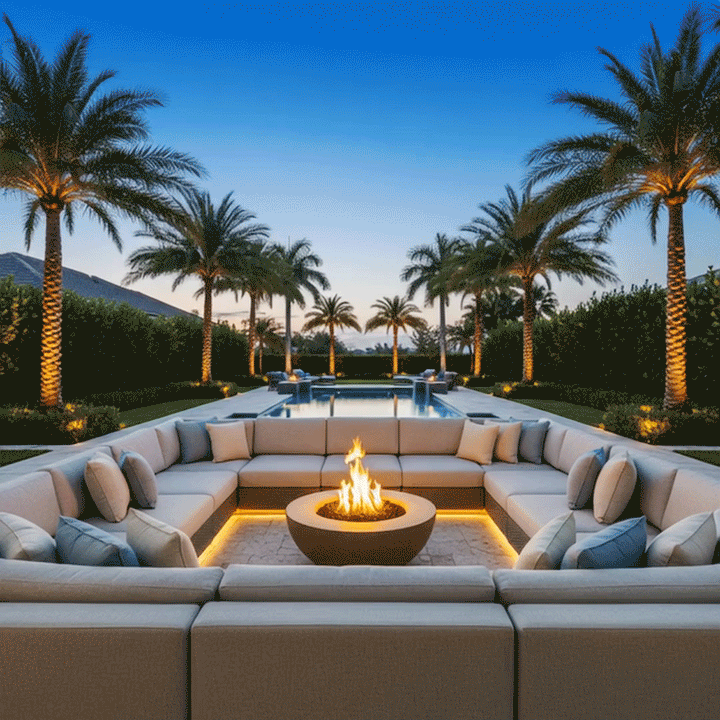 In a large sunken seating area framed by tall palms and hedges, a shallow concrete fire pit with a sand-colored bowl shape burns at the center of an expansive U-shaped sectional, the low flame flickering above dark stones while warm strip lighting traces the sofa base, and beyond the steps a long pool and rows of illuminated tree trunks stretch toward the horizon, forming a symmetrical fire feature clearly arranged for outdoor entertaining within a sheltered backyard oasis.