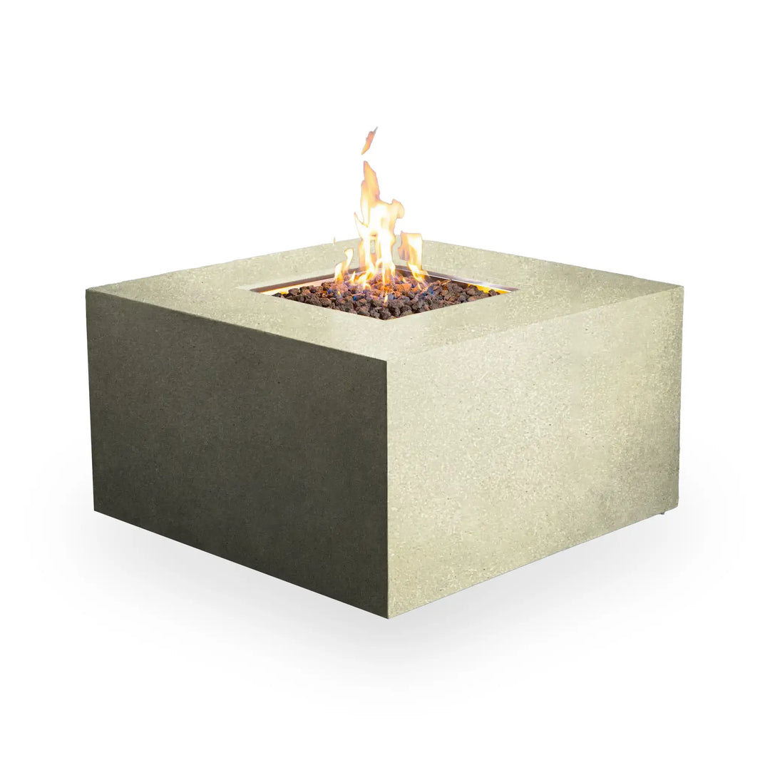 Front view of the Starfire Designs Beton 42-inch square hidden propane tank fire pit in sand color, showing a minimalist design with clean lines and a contemporary finish in a white background setting 