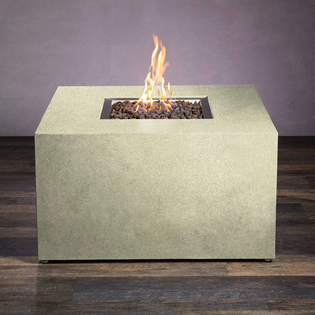 Front view of the Starfire Designs Beton 42-inch square hidden propane tank fire pit in sand color, showing a minimalist design with clean lines and a contemporary finish