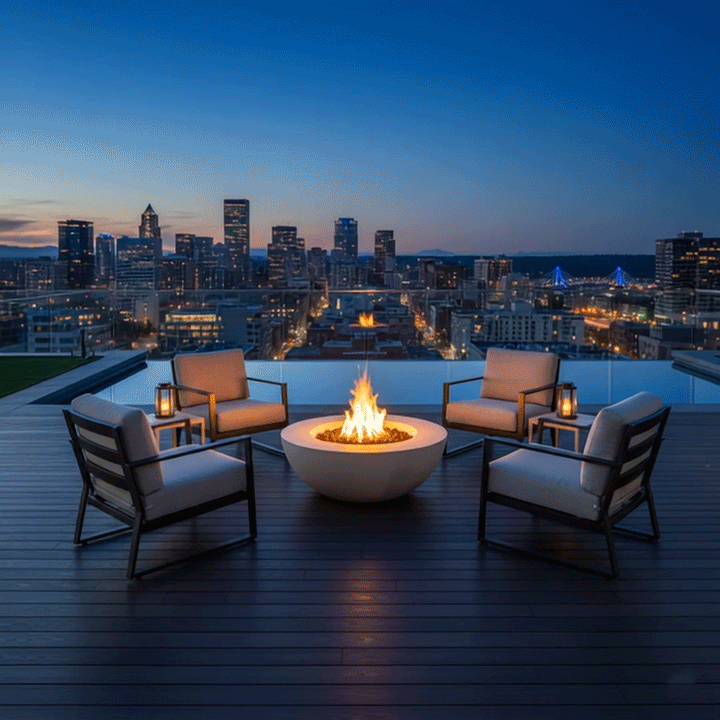 On a rooftop deck at dusk, four cushioned armchairs form a circle around a low white round fire pit set into dark wood planks, its broad rim surrounding a shallow bed of black stones and steady golden flames, while a glass railing reveals a dense grid of city lights and towers in the background, creating a compact outdoor fire pit scene arranged for relaxed outdoor entertaining high above the streets.