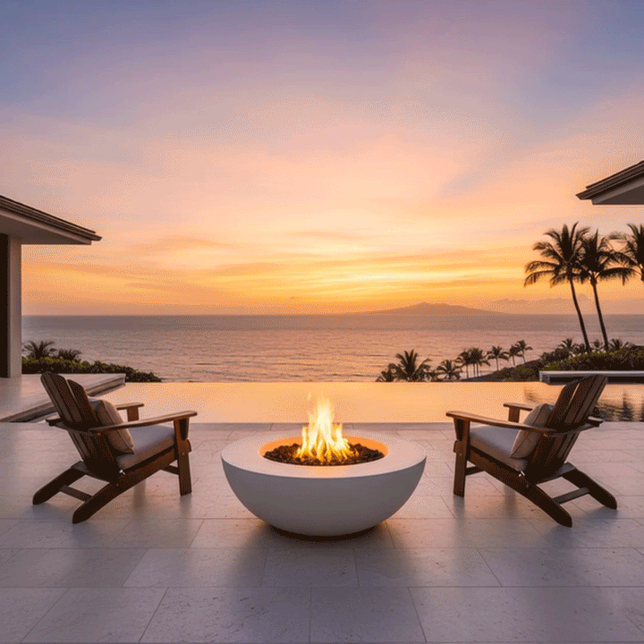 Facing a calm ocean at sunset, two wooden Adirondack chairs with pale cushions sit on a light stone terrace on either side of a low white patio fire pit shaped like a smooth bowl, its center filled with dark lava rocks and a small bright flame, while palms, shrubs, and an infinity pool border the edge of the property, giving the open seating area the look of a simple outdoor fire pit within a coastal backyard oasis.