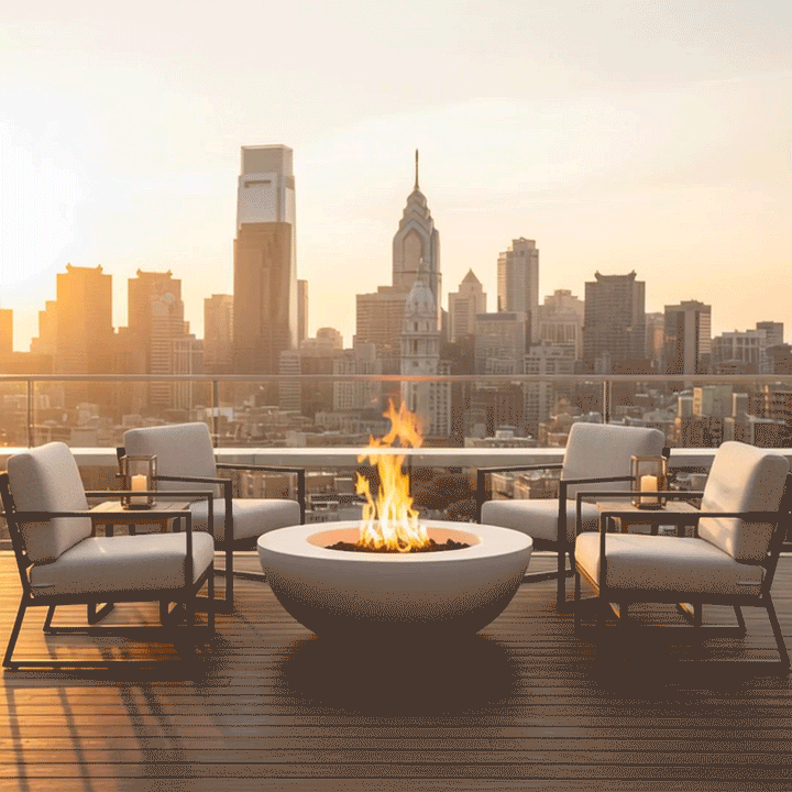 On a high city terrace in soft daylight, a white concrete fire pit with a wide rounded bowl sits in the center of four metal-framed lounge chairs with pale cushions, the low form resting on narrow deck boards and holding a ring of dark stones and lively orange flames, while a glass railing lines the edge and a row of skyscrapers fills the hazy skyline, the simple layout presenting a modest outdoor fire pit that matches the surrounding modern fire pit aesthetic.