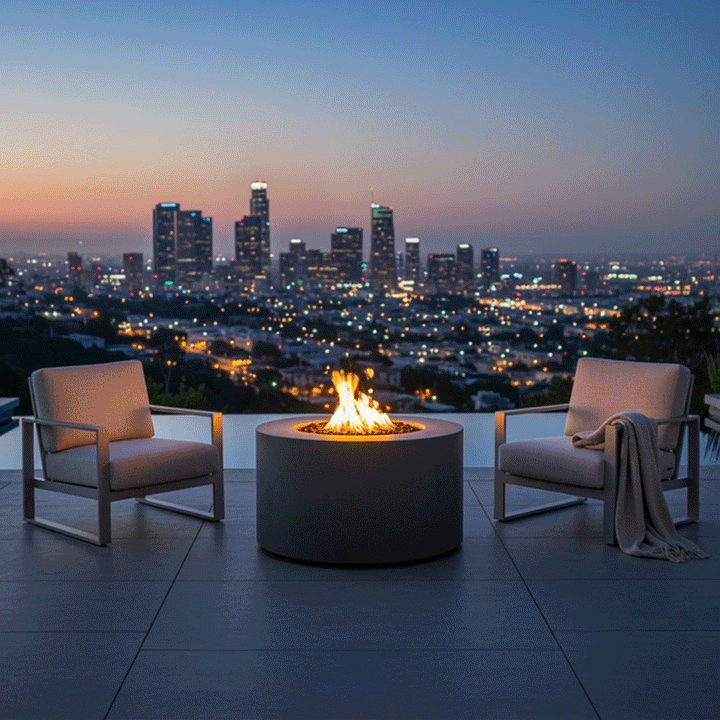 On a sleek terrace high above the city, a gray round fire pit flickers between two cushioned lounge chairs, its smooth concrete fire pit body framing bright flames that rise from dark lava rocks while the skyline glows at dusk in the background; this streamlined modern fire pit reads as a compact luxury fire pit centerpiece, perfect for intimate conversations, cocktails, and cool evenings spent watching the lights sparkle across the urban landscape.