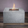 Front view of the Starfire Designs Beton 42" Natural Gray Square Hidden Propane Tank Gas Fire Pit, featuring a clean and modern square design with a durable concrete finish. The natural gray color complements outdoor spaces, showcasing its lava rocks and elegant flames. Ideal for patios and backyard gatherings.