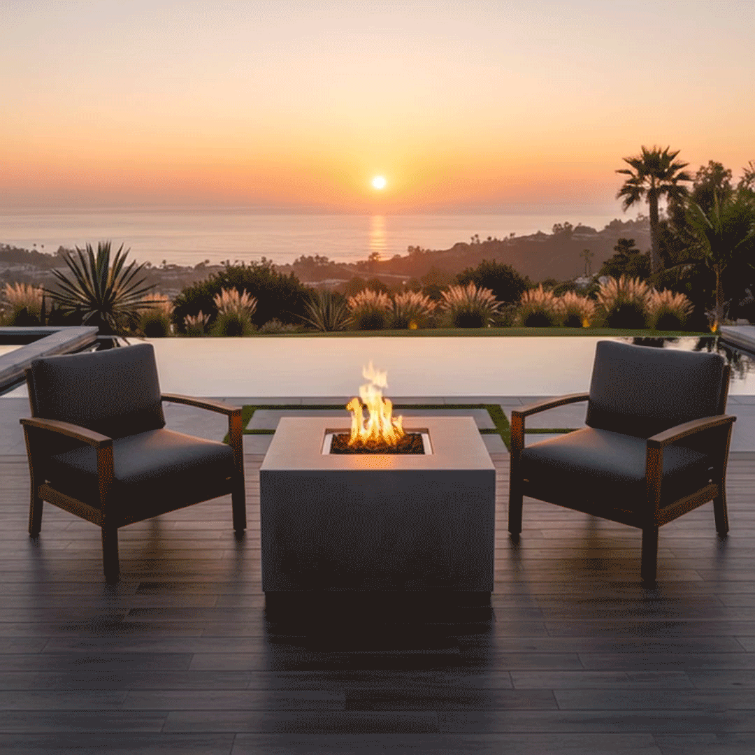 On a gray composite deck beside a calm lake at dusk, four Adirondack-style chairs with pale cushions form a loose circle around a light-gray square fire pit whose recessed center is filled with dark stones and a bright yellow flame, the patio fire pit positioned in front of tall grasses and distant waterfront houses so the arrangement reads as a simple backyard fire pit layout set up for outdoor entertaining along the shoreline.