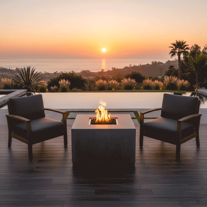 On a gray composite deck beside a calm lake at dusk, four Adirondack-style chairs with pale cushions form a loose circle around a light-gray square fire pit whose recessed center is filled with dark stones and a bright yellow flame, the patio fire pit positioned in front of tall grasses and distant waterfront houses so the arrangement reads as a simple backyard fire pit layout set up for outdoor entertaining along the shoreline.