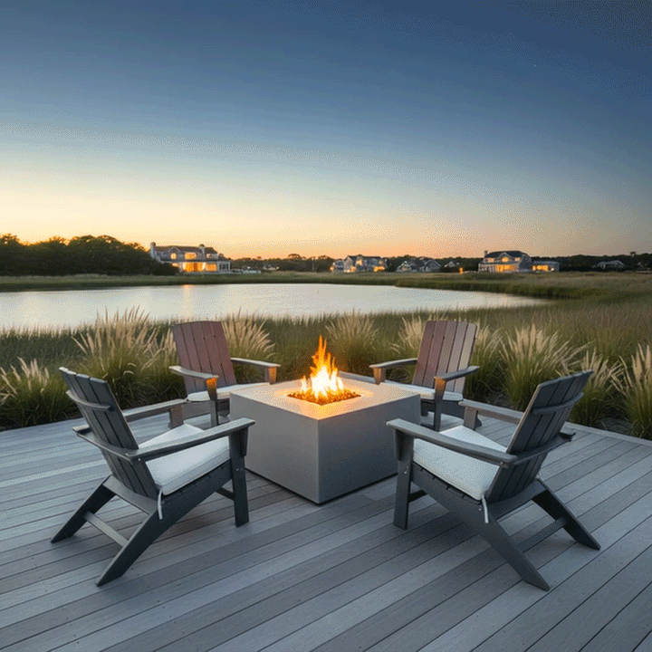 At sunset, two dark-cushioned lounge chairs sit on a wood-look terrace facing a low square fire pit, the smooth gray concrete fire pit centered in front of an infinity pool whose still surface reflects the orange sky; the outdoor fire pit holds black lava rocks and a steady flame, while layers of grasses, palms, distant hills, and the glowing line of the ocean create a scene that resembles a secluded backyard oasis.