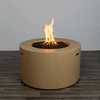 A tall, steady flame dances above dark lava rocks in a sand-colored round concrete fire pit, its smooth modern silhouette standing alone on a wood-look patio surface and emphasizing the clean lines of this gas fire pit design that brings sculptural warmth to contemporary outdoor spaces, with the minimalist modern fire pit serving as a versatile centerpiece ready to anchor cozy seating, soft lighting, relaxed evenings outdoors, and year-round gatherings.