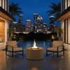 On a sleek pool deck framed by palm trees and a glittering city skyline at night, a low round concrete fire pit burns with bright, even flames, its clean edges and smooth finish highlighting a modern fire pit design that pairs effortlessly with two cushioned lounge chairs, showcasing a refined gas fire pit that feels like a luxury fire pit centerpiece, perfect for intimate conversations, cocktails, and quiet reflection beside the softly lit water.
